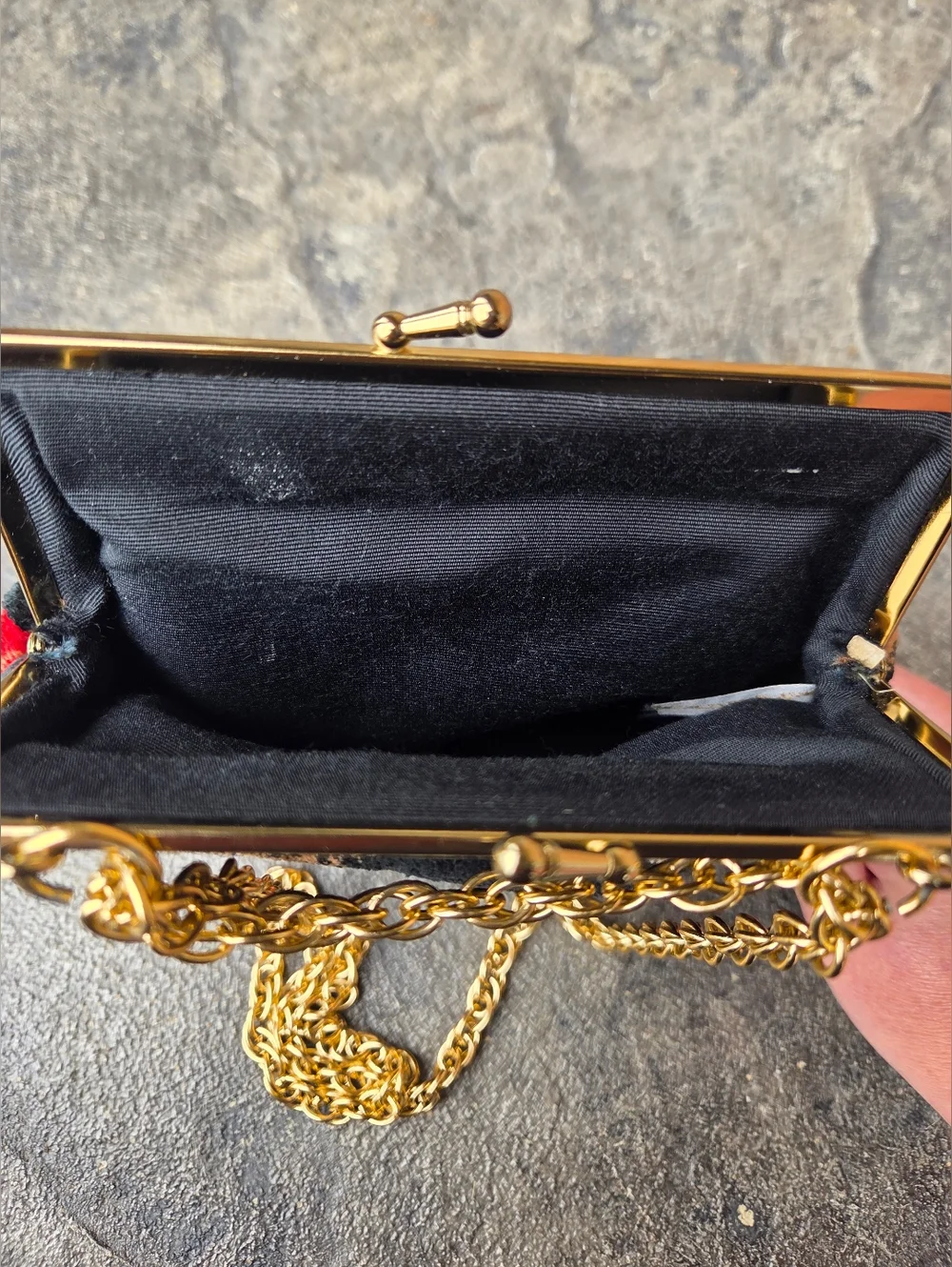 Gold-Handle Black Floral Chenille Velvet Carpet Evening Bag
